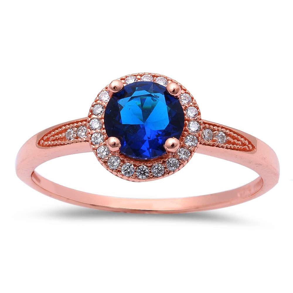 Rose Gold Plated Halo Blue Sapphire Cubic Zirconia .925 Sterling Silver Ring 4